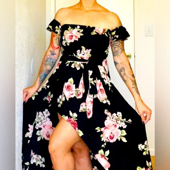 Dresses | Vintage Style Pink Rose Off Shoulder Flowy Spring Summer Black Spanish  Dress | Poshmark